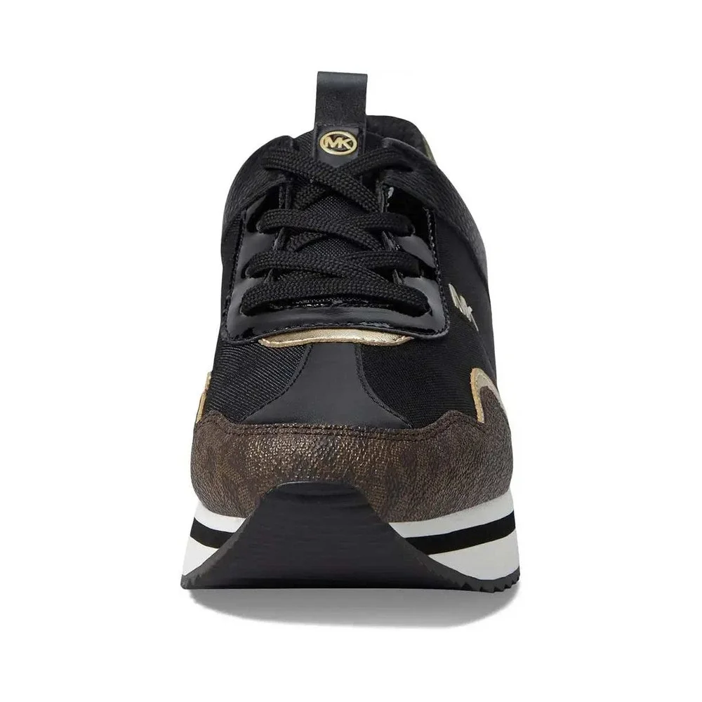 Michael Kors Raina Trainer Womens Black Gold Monogram Platform Sneakers Size 9